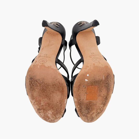 Chanel Black Leather Crystal CC Strappy Heeled Sandals Shoes Size 37 US 6–6.5 - Picture 11 of 13